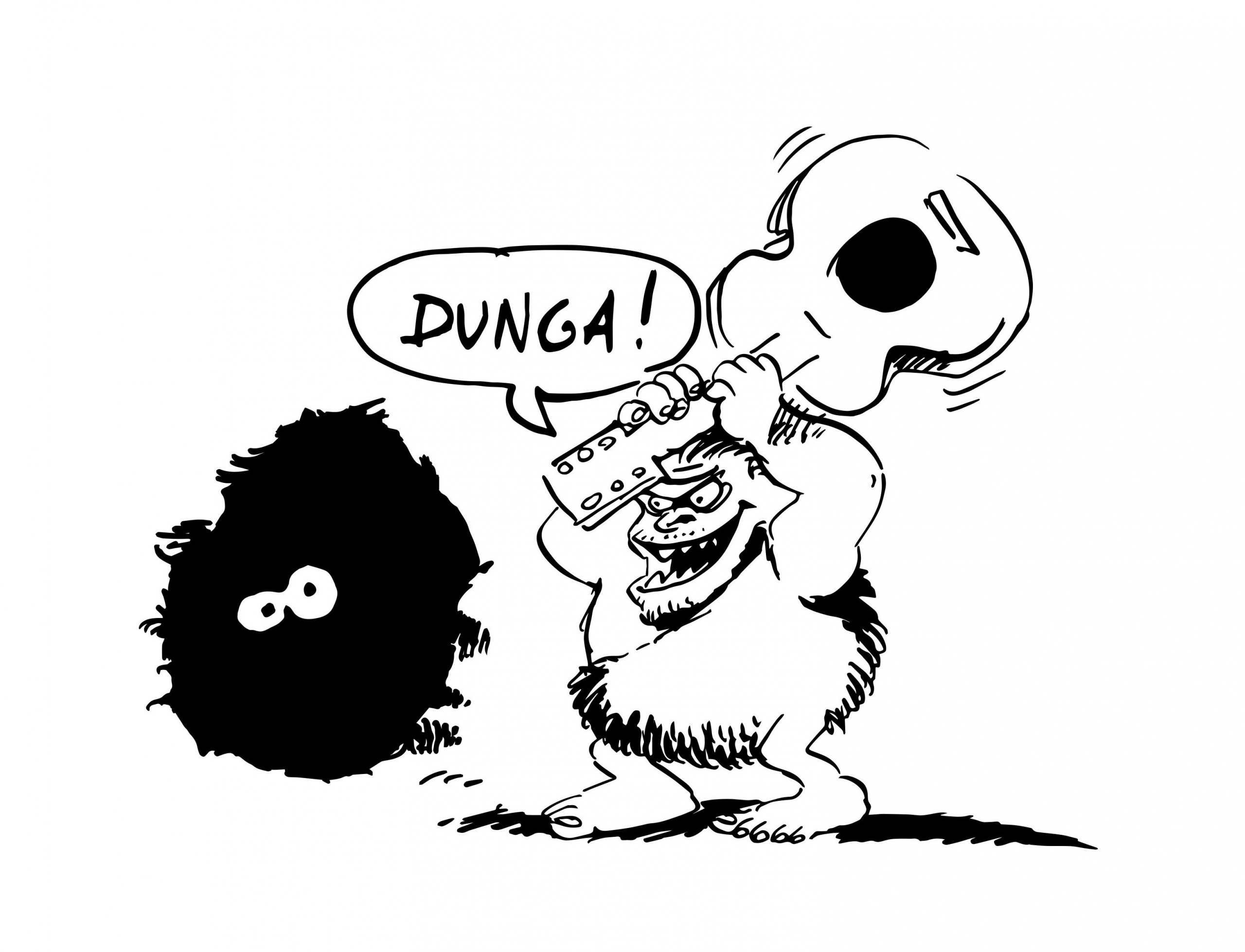 SPASS BEISAITE Cartoon: Steinzeitmensch schwingt die Gitarren-Keule und ruft: "Dunga!"